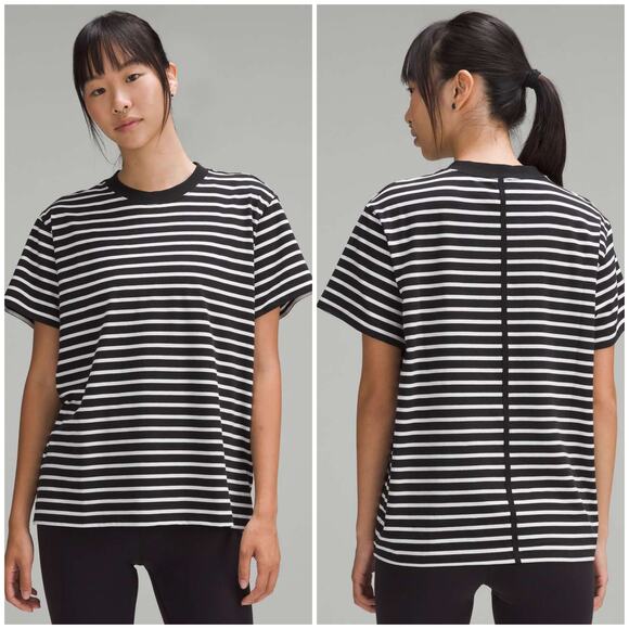 Lululemon All Yours Cotton T-Shirt Stripe Black White Plus Size 14 Loose Fit - Picture 1 of 7